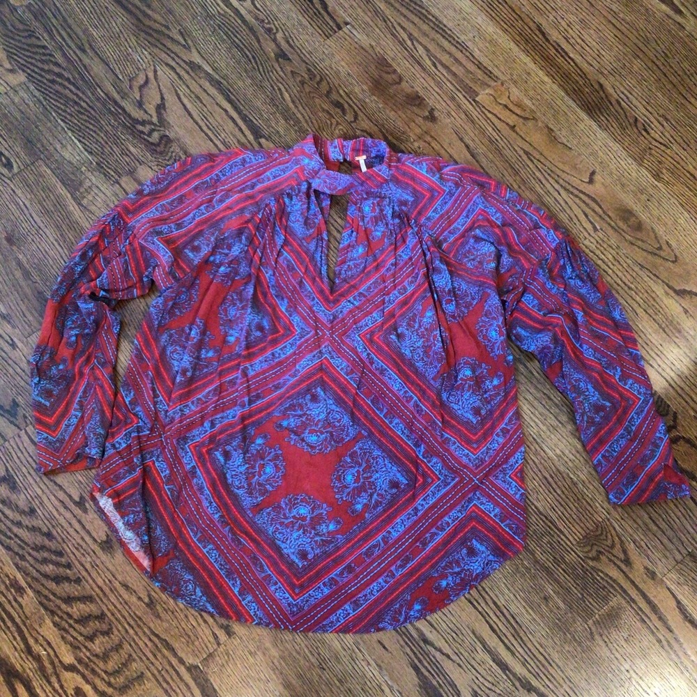 Free People Sz S‎ Walking On A Dream Red Turquoise Top Fairy Boho Flowy  EUC